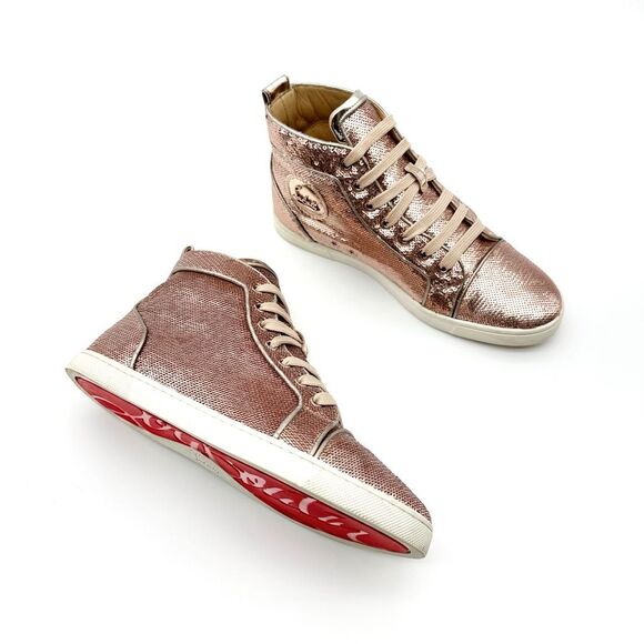 CHRISTIAN LOUBOUTIN Bip Bip Blush Pink Sequin High Top Sneakers Size 38 Lace Up - Picture 1 of 14